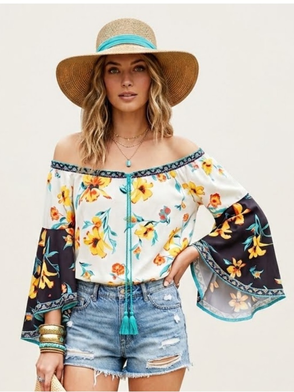 Flying Tomato Boho Floral Peasant Festival Blouse Off-Shoulder Bell Sleeve Large